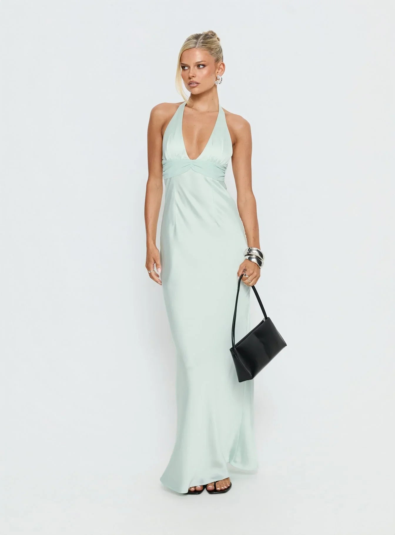 Mint Green Satin Halter Prom Dress with Deep V Neckline and Open Back for Formal Events and Prom Nights