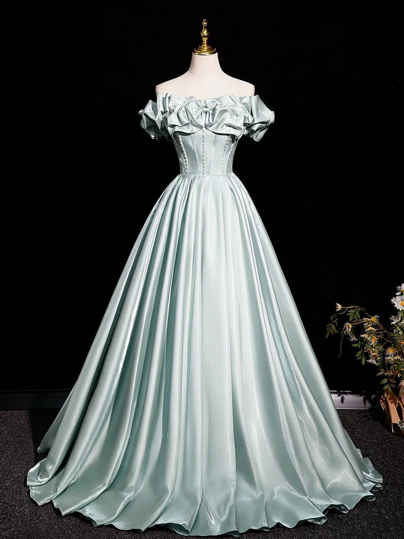 Mint Green Satin Off-Shoulder Ruffled Neck Corset Back Ball Gown Prom Dress