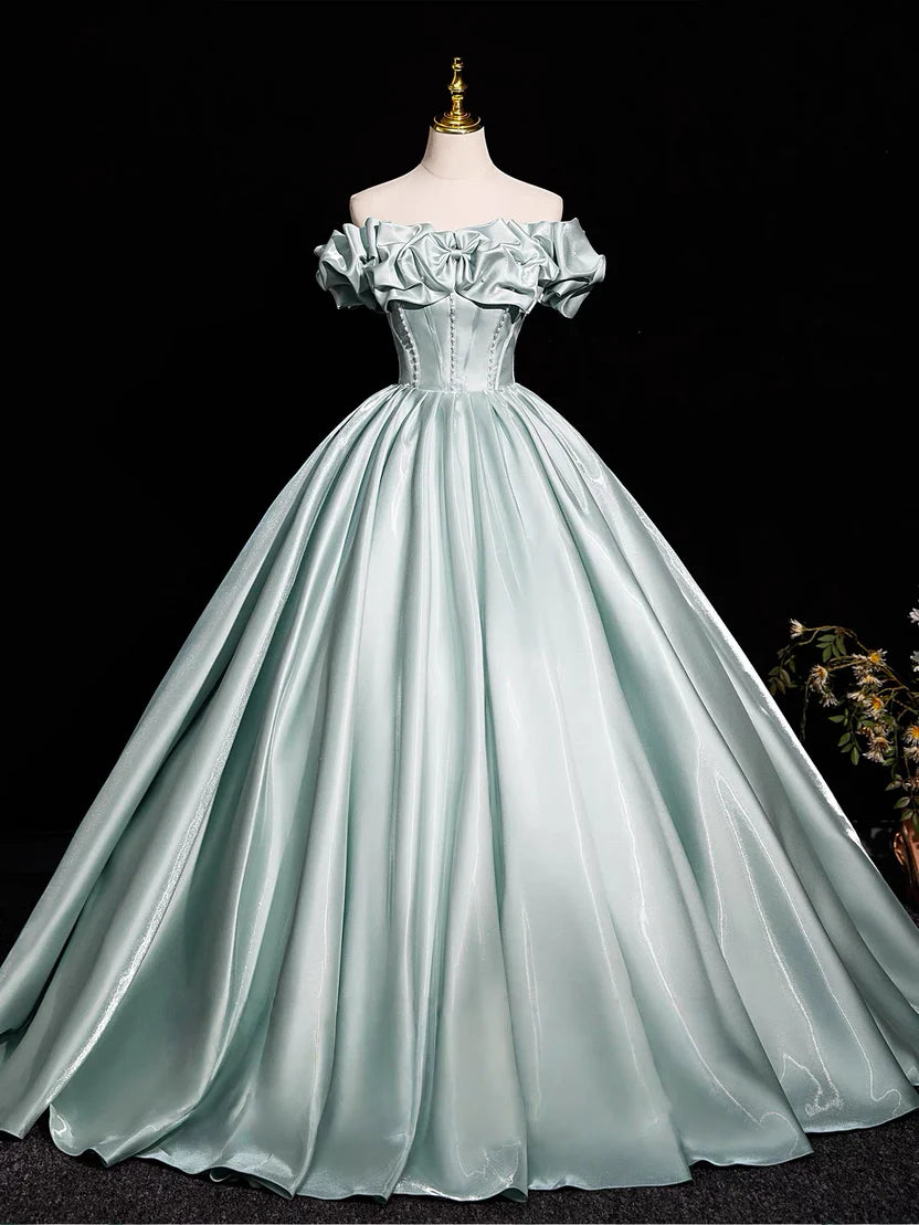 Mint Green Satin Off-Shoulder Ruffled Neck Corset Back Ball Gown Prom Dress