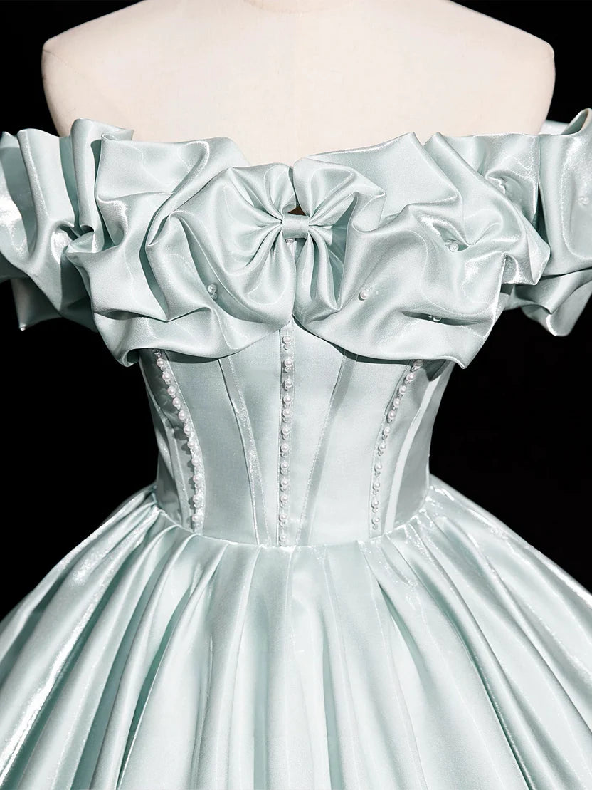 Mint Green Satin Off-Shoulder Ruffled Neck Corset Back Ball Gown Prom Dress