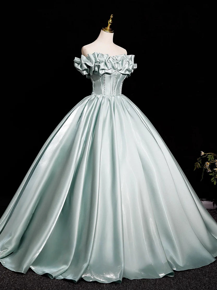 Mint Green Satin Off-Shoulder Ruffled Neck Corset Back Ball Gown Prom Dress