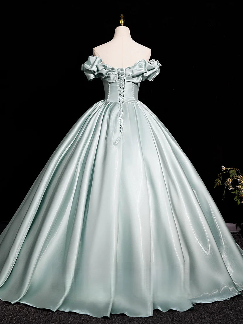 Mint Green Satin Off-Shoulder Ruffled Neck Corset Back Ball Gown Prom Dress