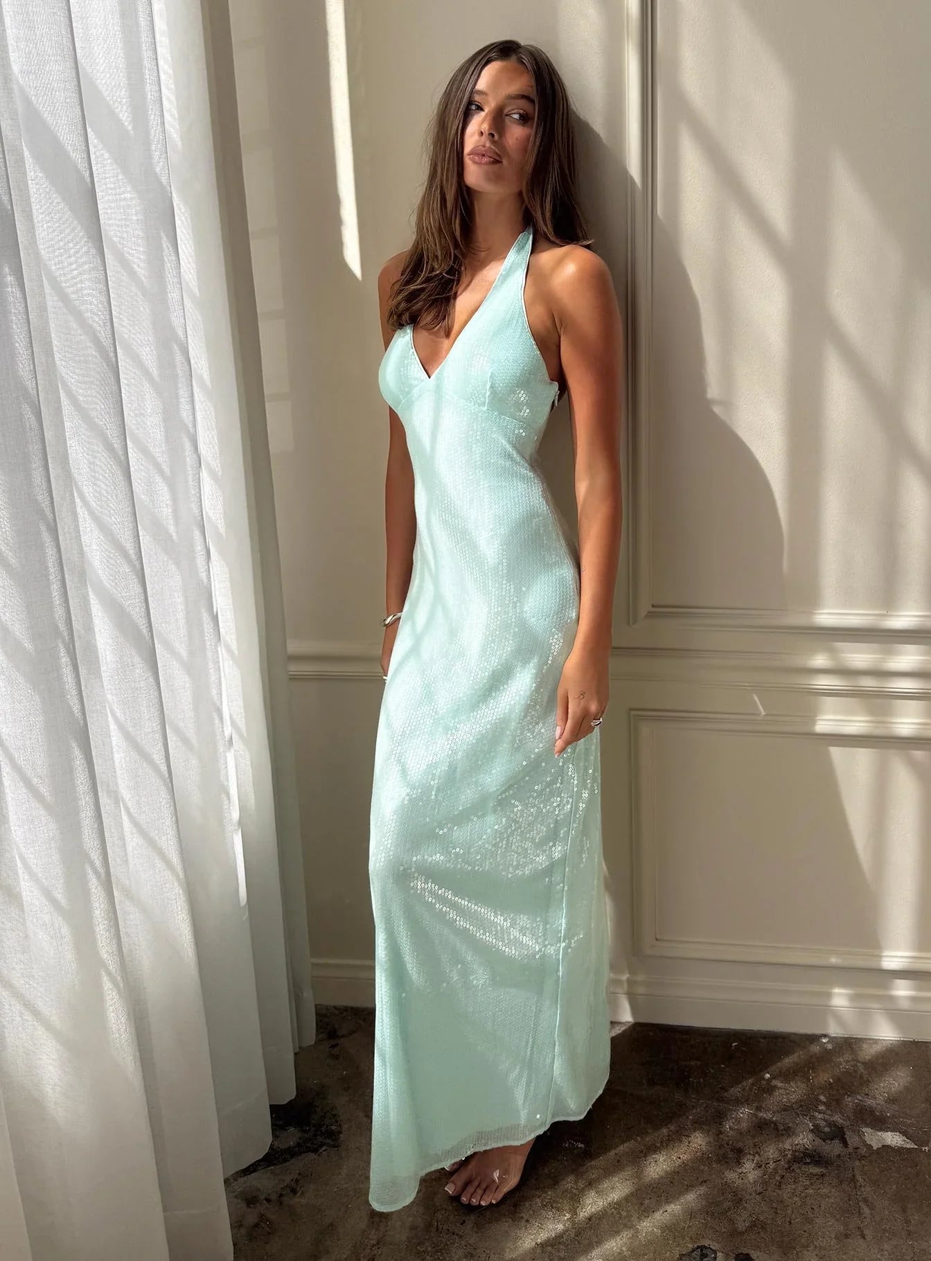 Mint Green Sequin Halter Prom Dress with V Neckline and Tie Back for Formal Events and Prom Nights