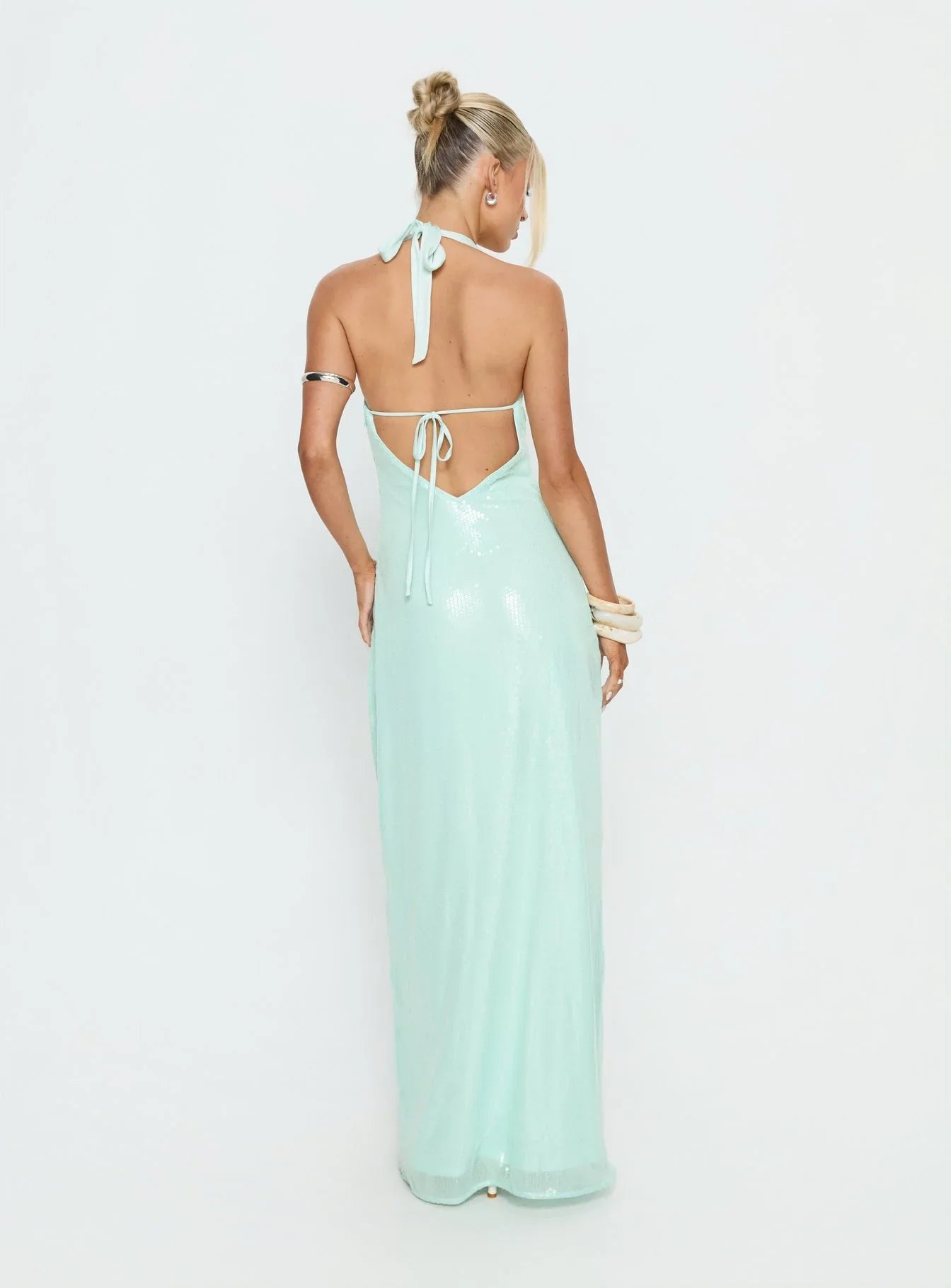 Mint Green Sequin Halter Prom Dress with V Neckline and Tie Back for Formal Events and Prom Nights