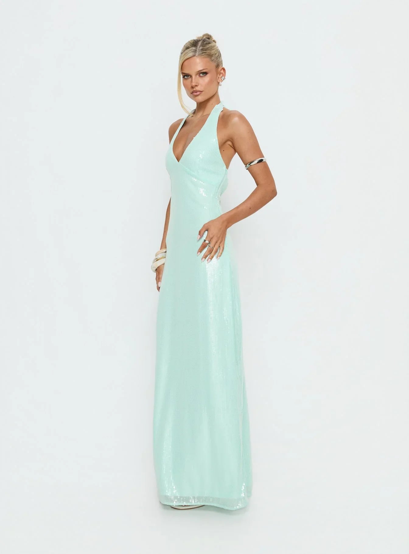 Mint Green Sequin Halter Prom Dress with V Neckline and Tie Back for Formal Events and Prom Nights