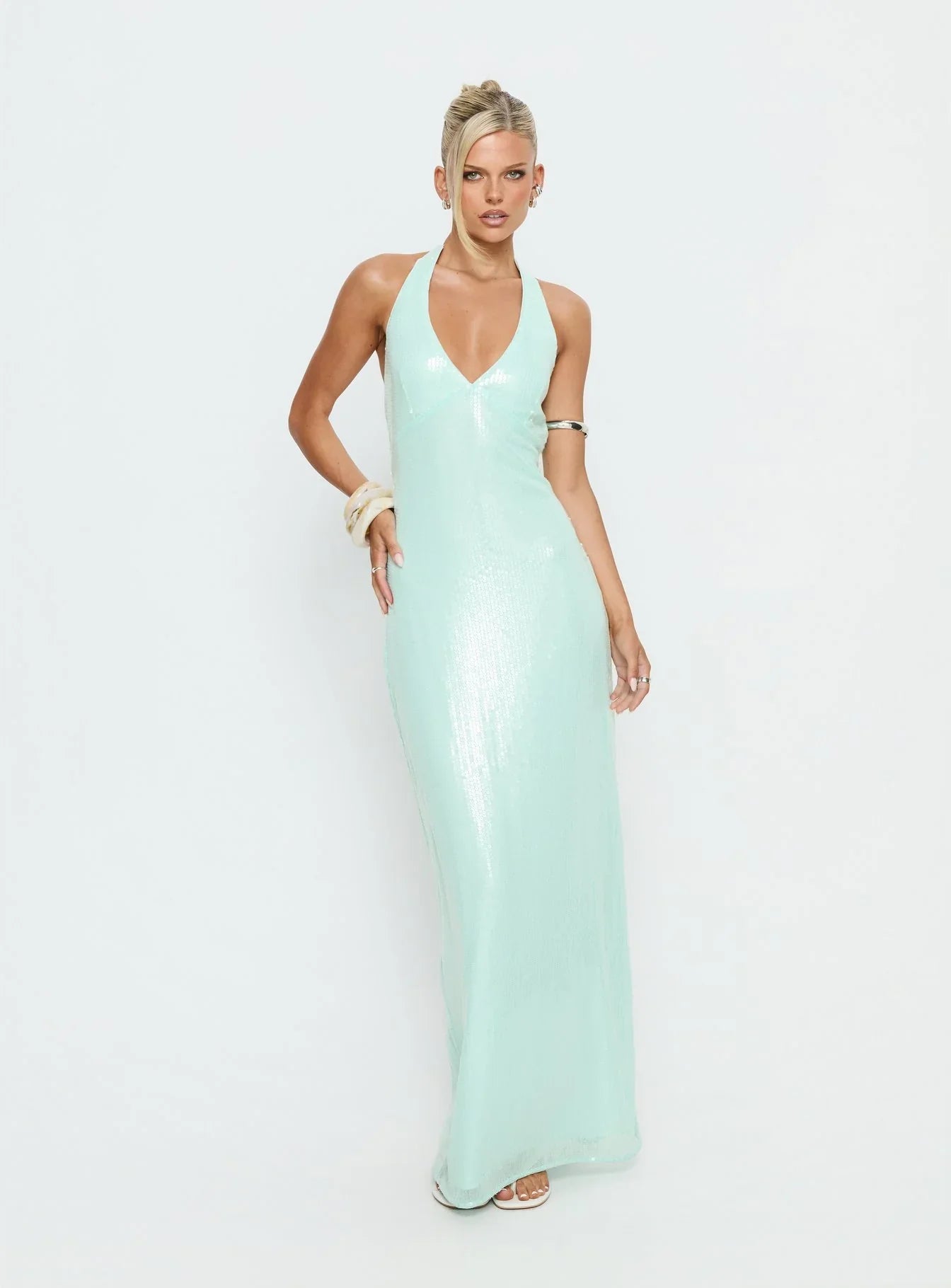 Mint Green Sequin Halter Prom Dress with V Neckline and Tie Back for Formal Events and Prom Nights