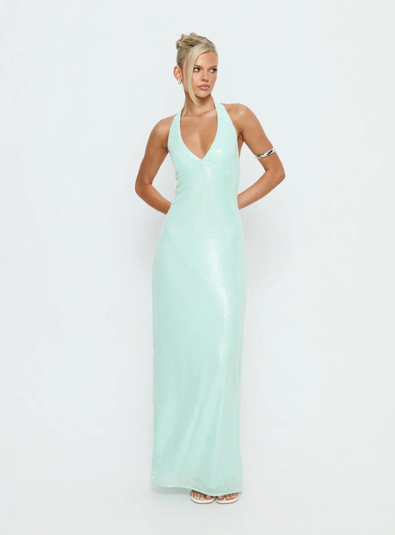 Mint Green Sequin Halter Prom Dress with V Neckline and Tie Back for Formal Events and Prom Nights