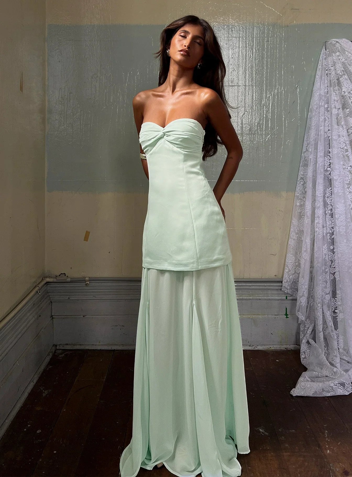 Mint Green Strapless Prom Dress with Twist Bust and Layered Skirt for Formal Events and Prom Nights