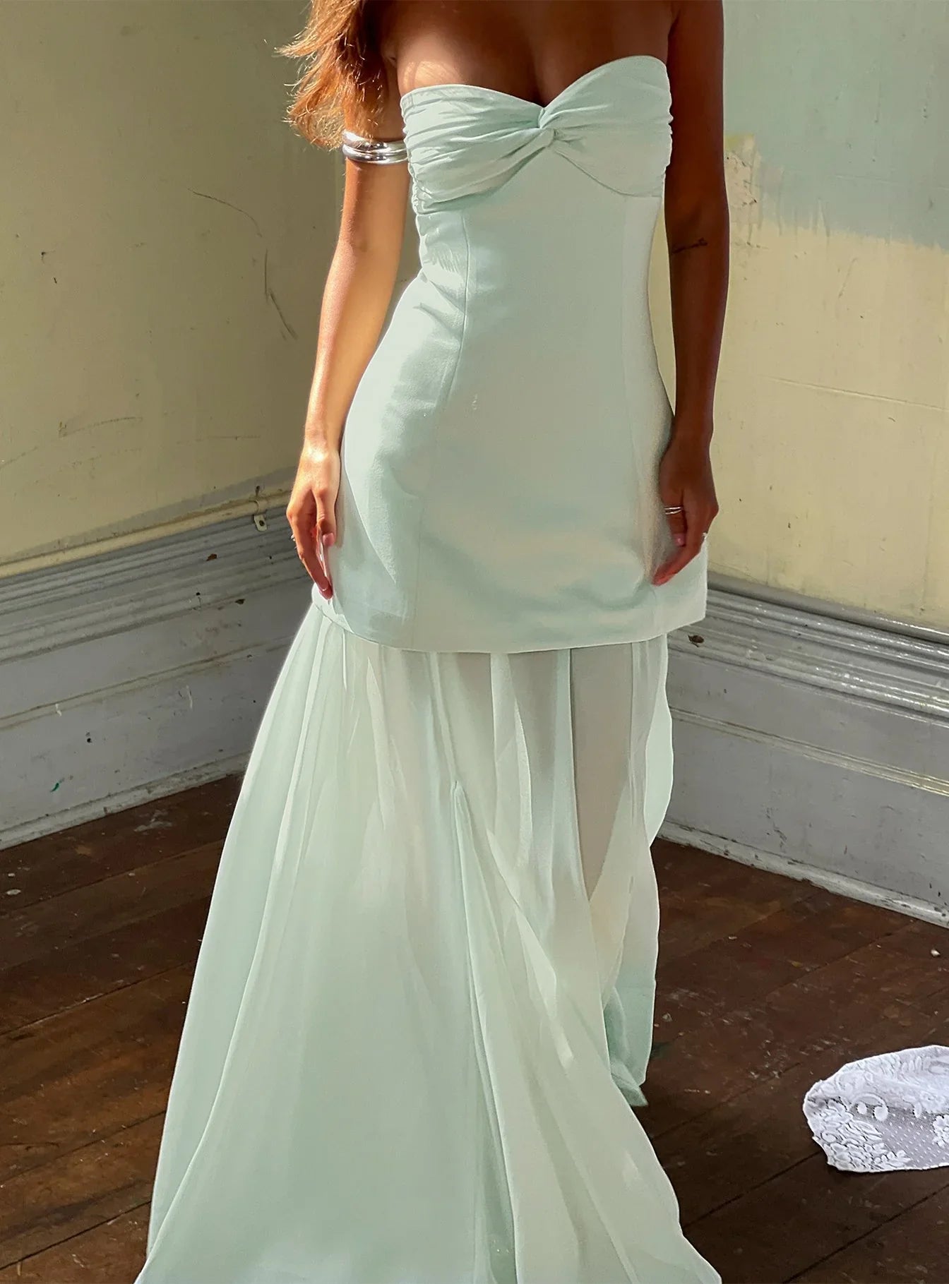 Mint Green Strapless Prom Dress with Twist Bust and Layered Skirt for Formal Events and Prom Nights