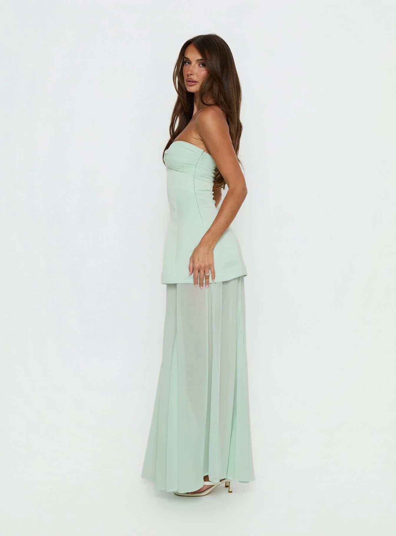 Mint Green Strapless Prom Dress with Twist Bust and Layered Skirt for Formal Events and Prom Nights