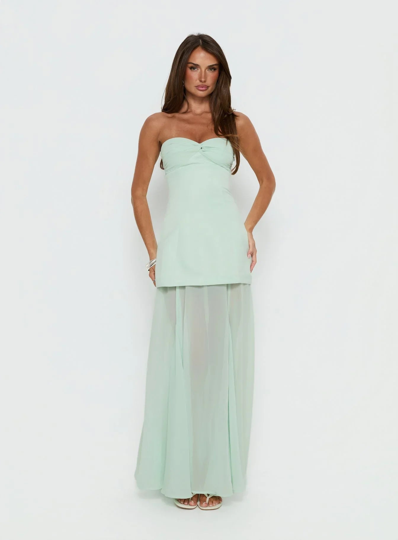 Mint Green Strapless Prom Dress with Twist Bust and Layered Skirt for Formal Events and Prom Nights