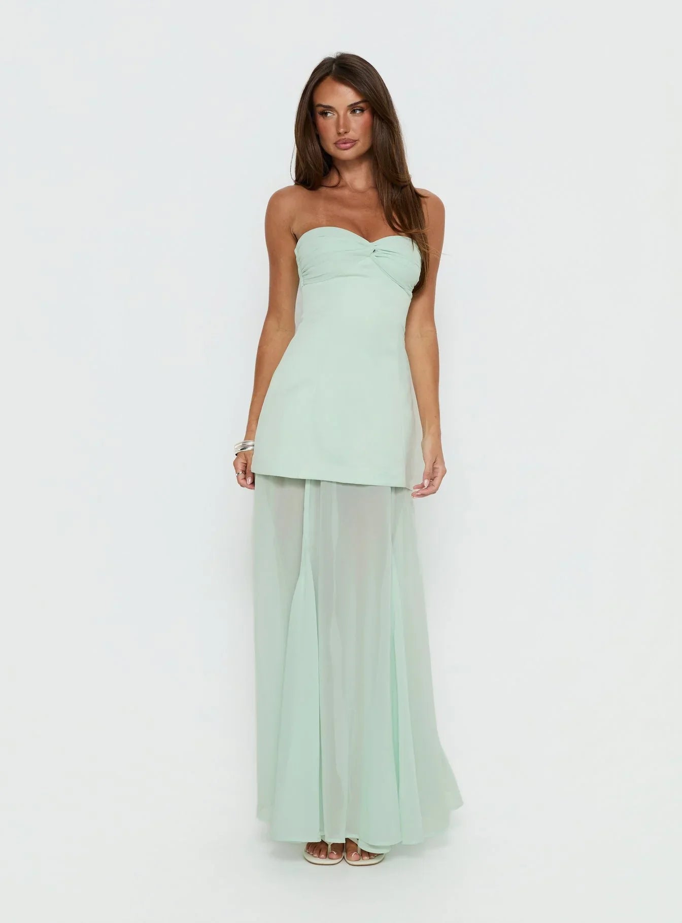 Mint Green Strapless Prom Dress with Twist Bust and Layered Skirt for Formal Events and Prom Nights