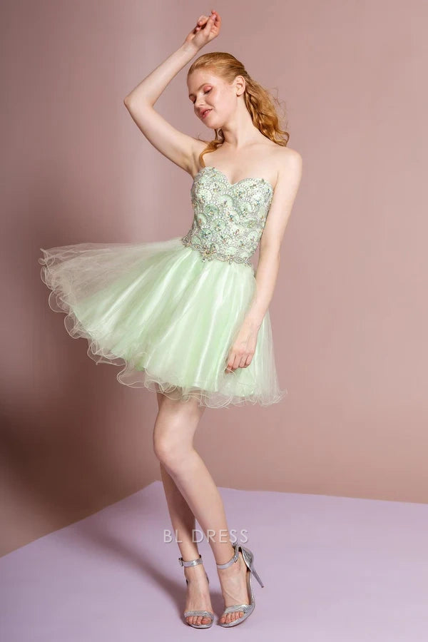 Mint Green Strapless Rhinestone Embellished Boned Corset Lace-Up Back Tulle Skater Mini Homecoming Dress