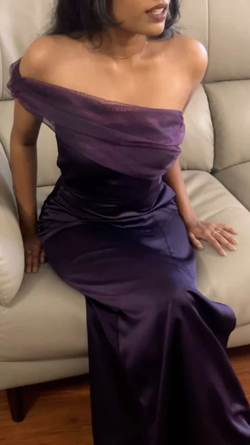 Purple satin tulle long evening gown with one shoulder design.