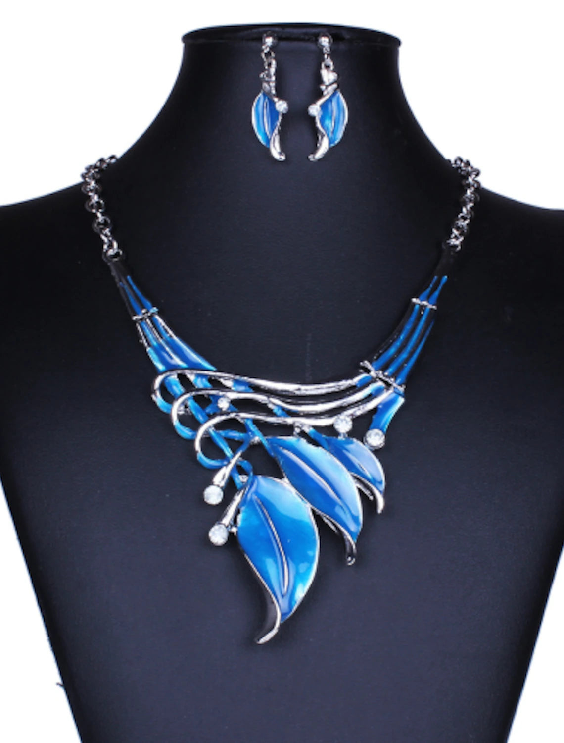 Multi-color crystal leaf drop earrings and pendant necklace set.