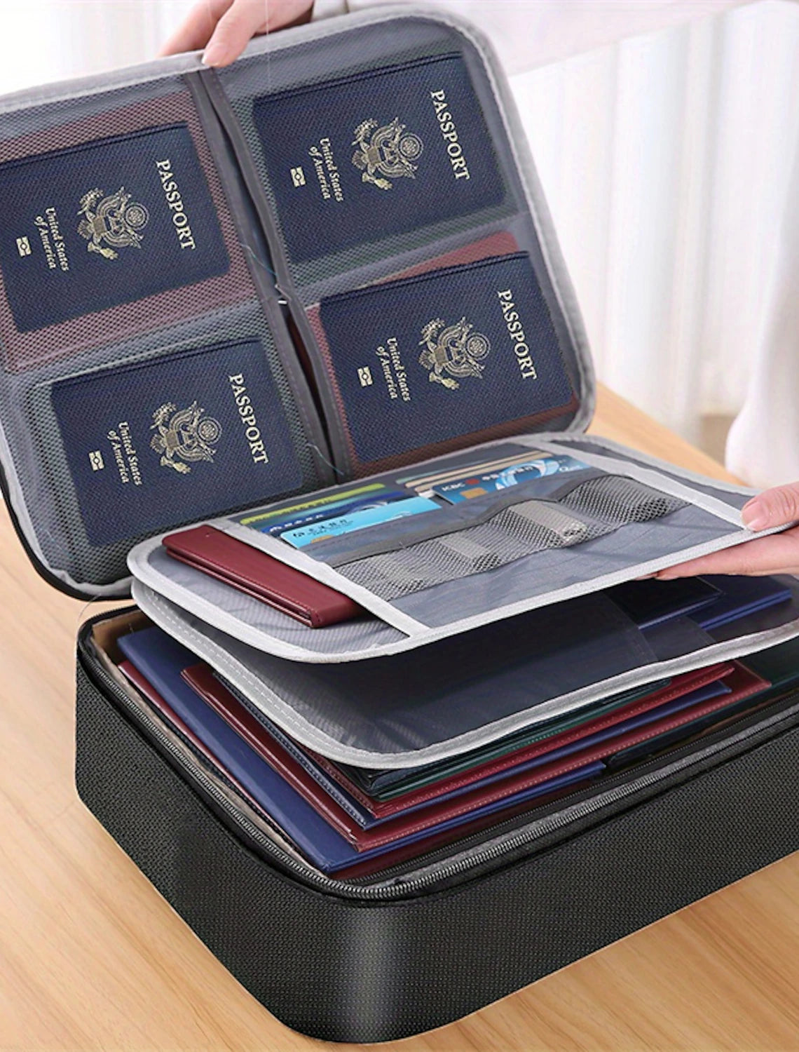 Oxford cloth document storage bag with zipper closure.
