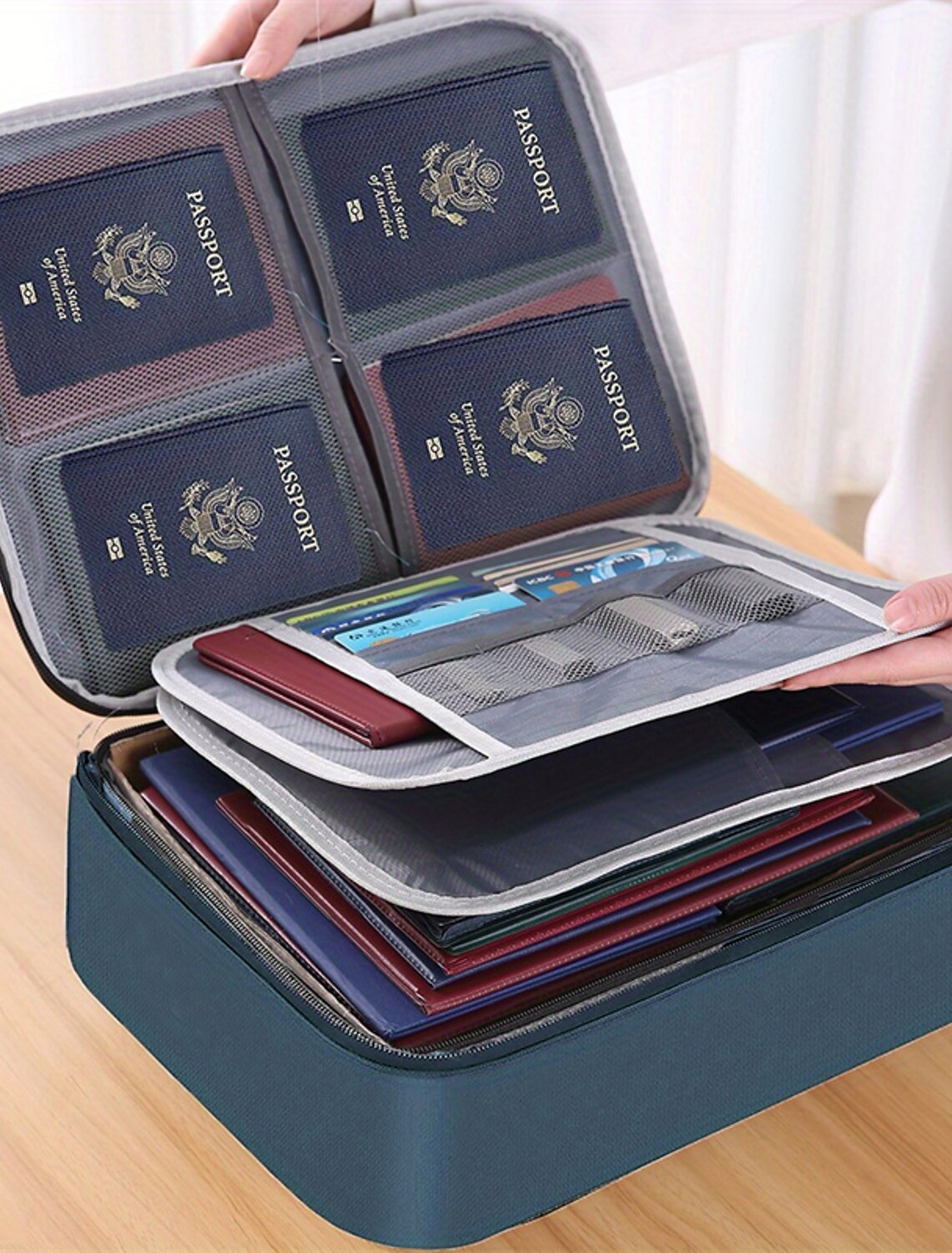Interior view of document organizer showing multiple compartments.