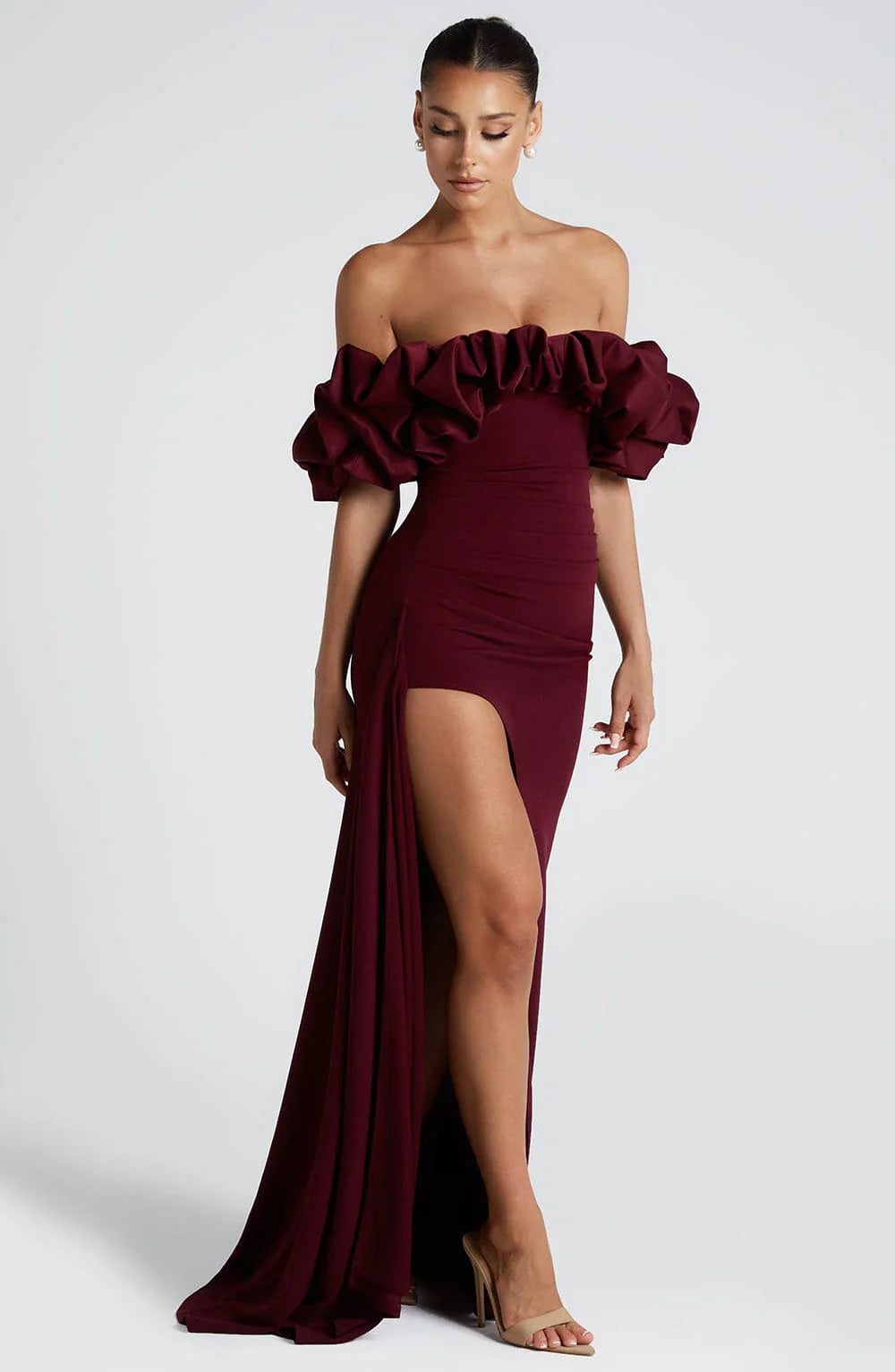 Multi Color Off Shoulder Ruffle Trim High Slit Mermaid Floor Length Prom Dress