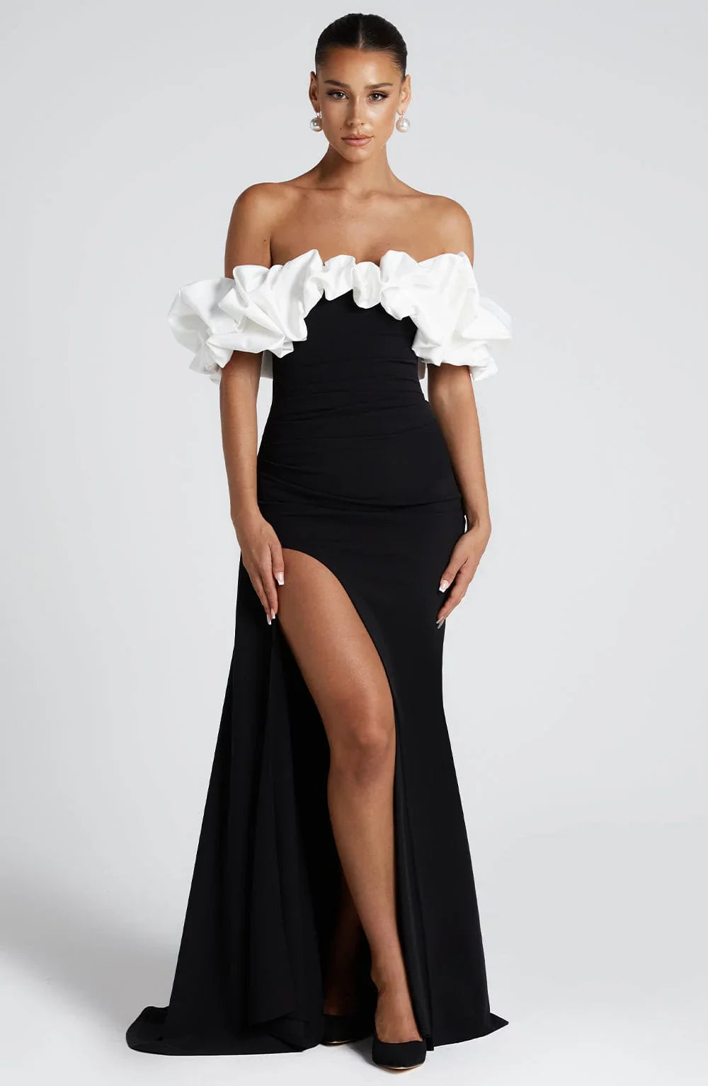 Multi Color Off Shoulder Ruffle Trim High Slit Mermaid Floor Length Prom Dress