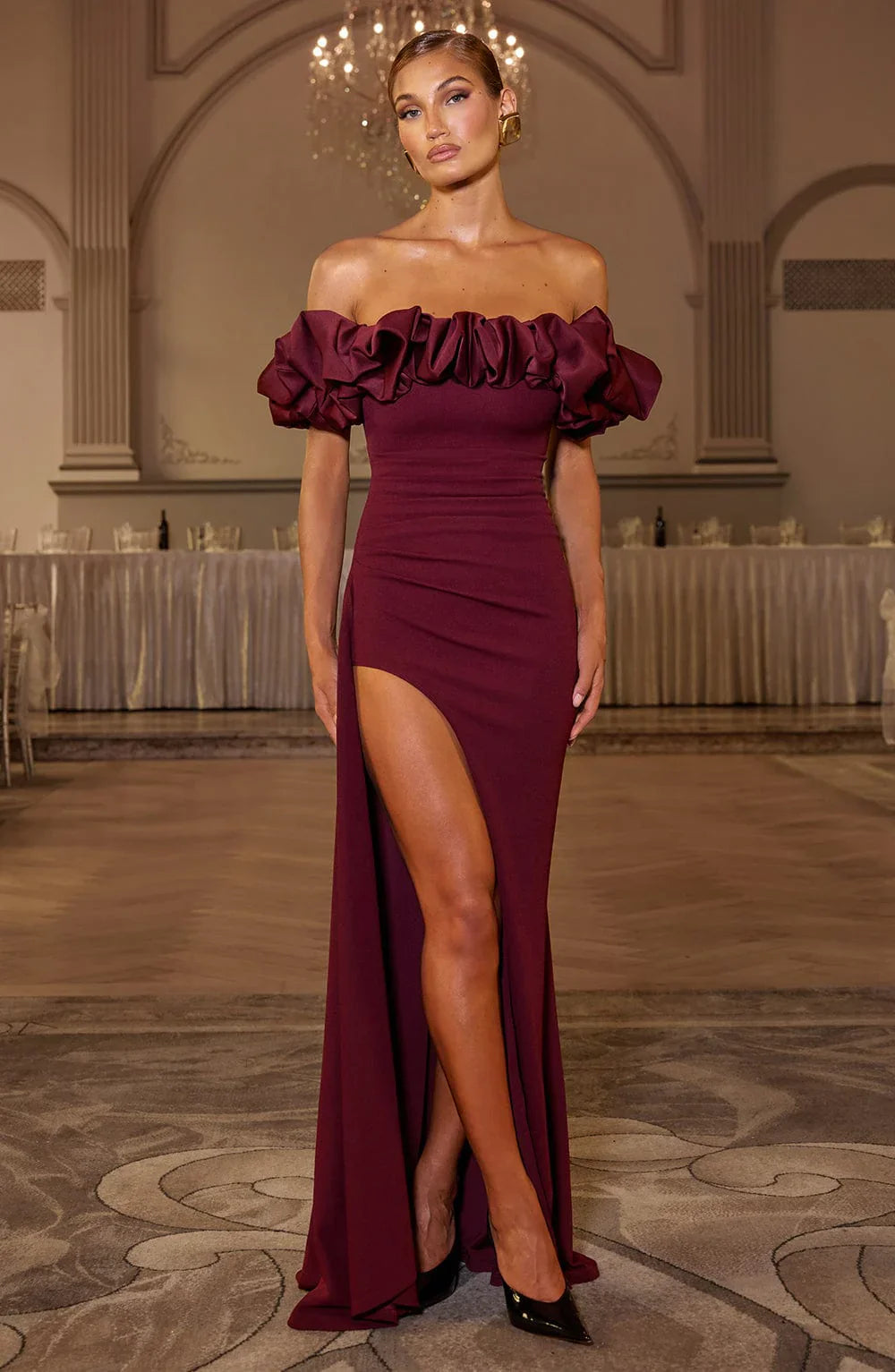 Multi Color Off Shoulder Ruffle Trim High Slit Mermaid Floor Length Prom Dress