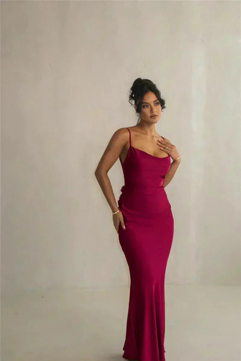 Multi Color Satin Spaghetti Strap Cowl Neck Floral Back Mermaid Floor Length Prom Dress