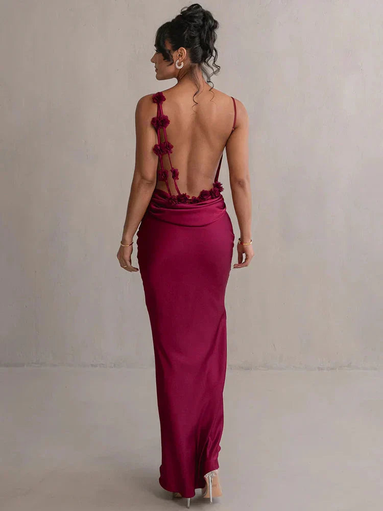 Multi Color Satin Spaghetti Strap Cowl Neck Floral Back Mermaid Floor Length Prom Dress