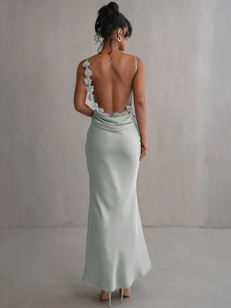 Multi Color Satin Spaghetti Strap Cowl Neck Floral Back Mermaid Floor Length Prom Dress