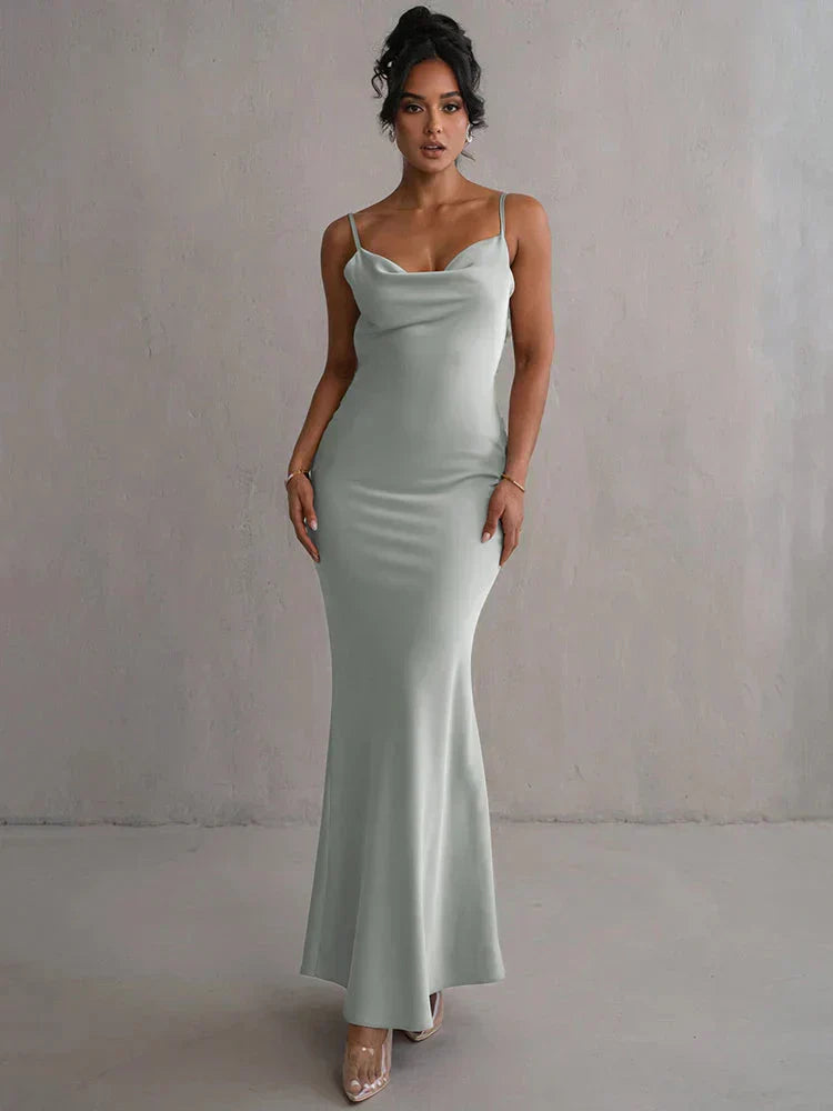 Multi Color Satin Spaghetti Strap Cowl Neck Floral Back Mermaid Floor Length Prom Dress