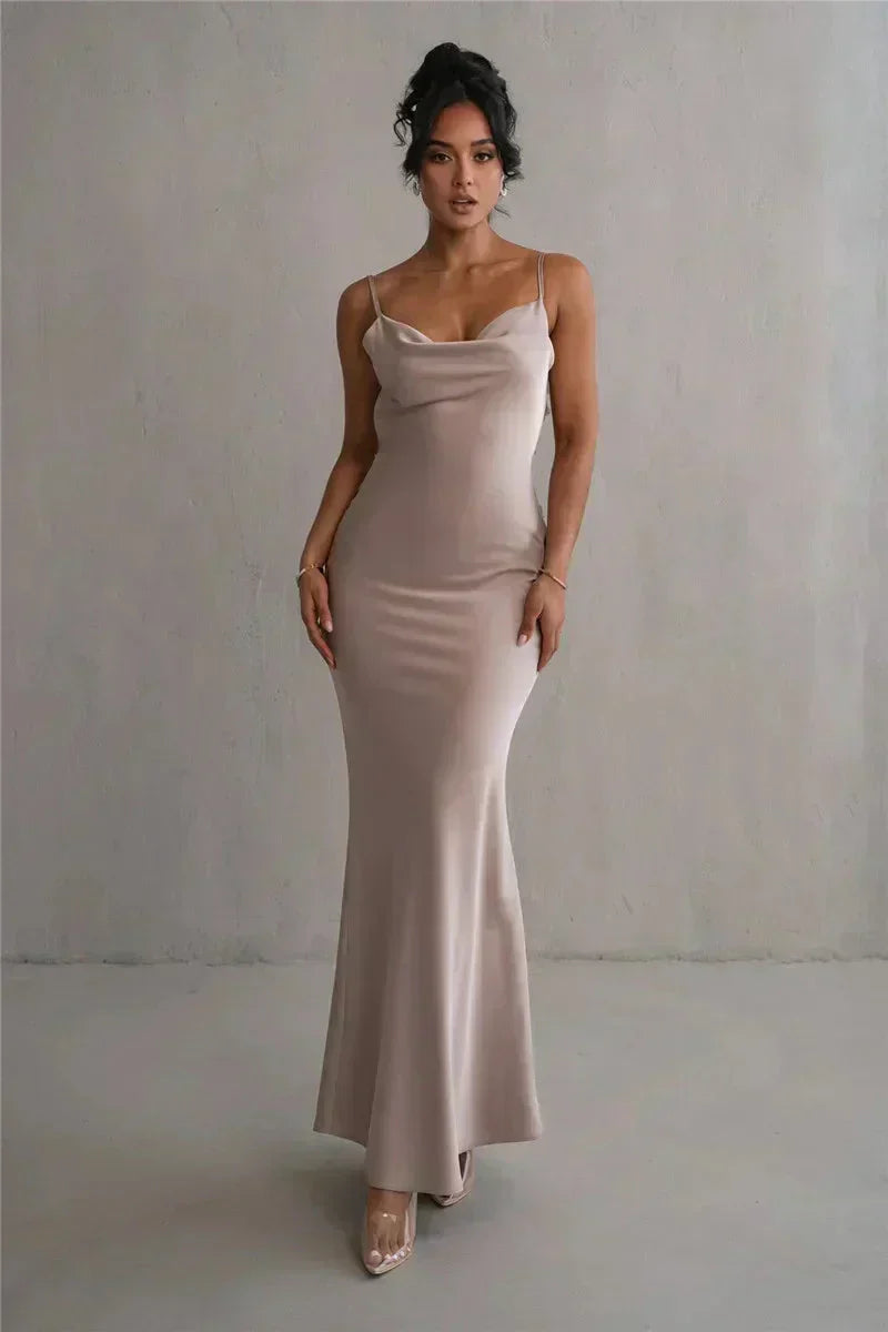 Multi Color Satin Spaghetti Strap Cowl Neck Floral Back Mermaid Floor Length Prom Dress