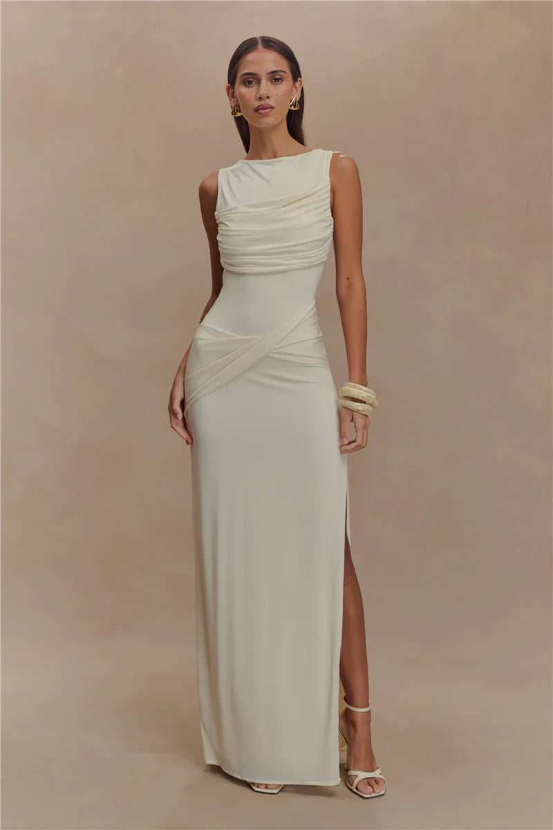 Multi Color Sleeveless Boat Neck Ruched Cross Waist Open Back High Slit Maxi Prom Dress