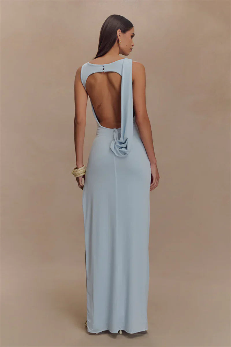 Multi Color Sleeveless Boat Neck Ruched Cross Waist Open Back High Slit Maxi Prom Dress