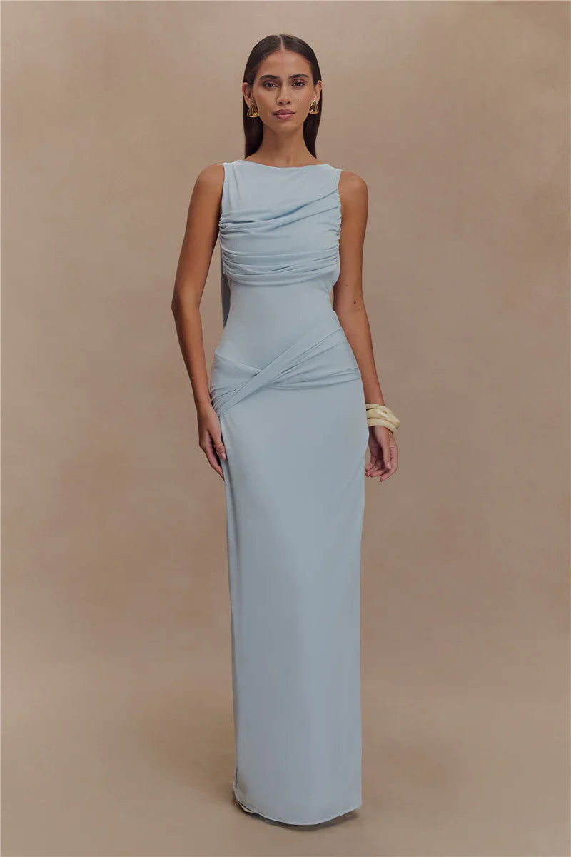 Multi Color Sleeveless Boat Neck Ruched Cross Waist Open Back High Slit Maxi Prom Dress