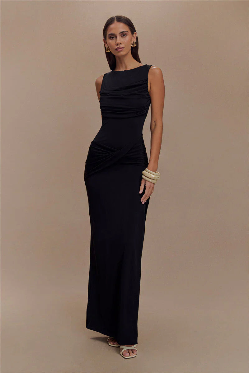 Multi Color Sleeveless Boat Neck Ruched Cross Waist Open Back High Slit Maxi Prom Dress