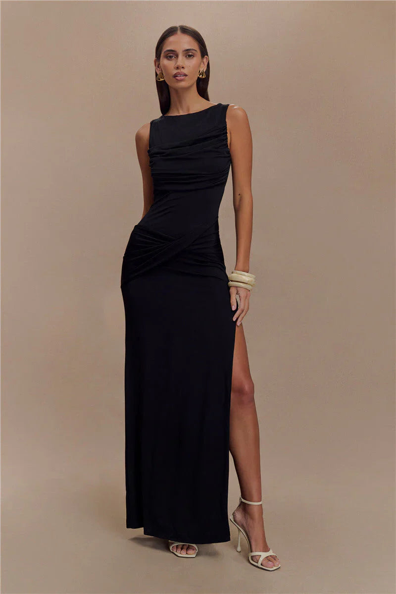 Multi Color Sleeveless Boat Neck Ruched Cross Waist Open Back High Slit Maxi Prom Dress