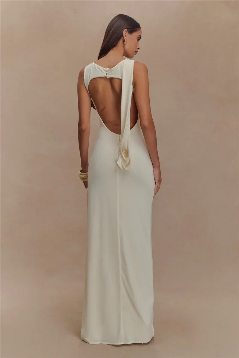 Multi Color Sleeveless Boat Neck Ruched Cross Waist Open Back High Slit Maxi Prom Dress