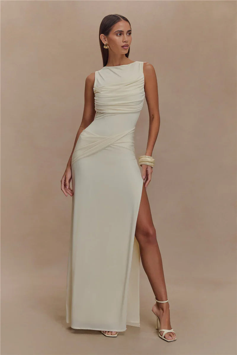 Multi Color Sleeveless Boat Neck Ruched Cross Waist Open Back High Slit Maxi Prom Dress