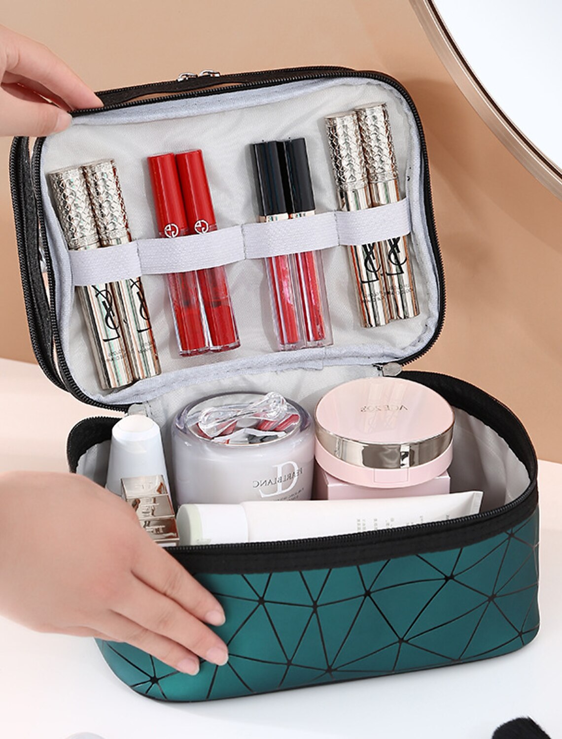 Transparent travel organizer bag with zipper closure.