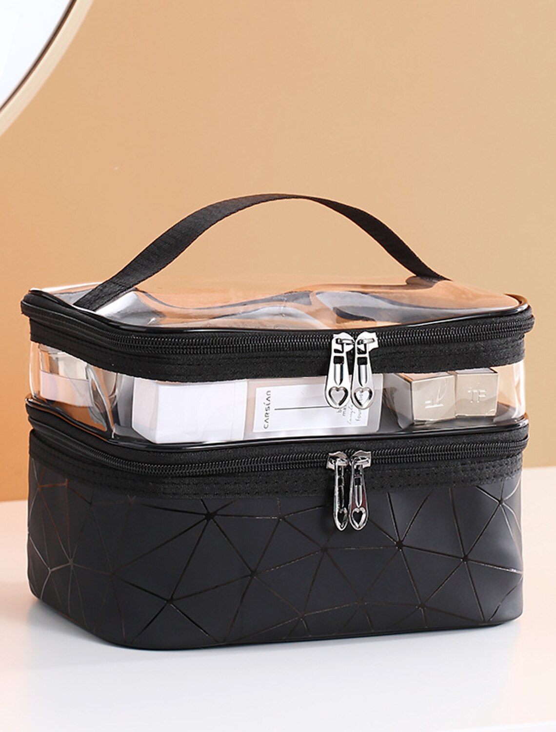 Portable transparent pouch made of PU leather and PVC.
