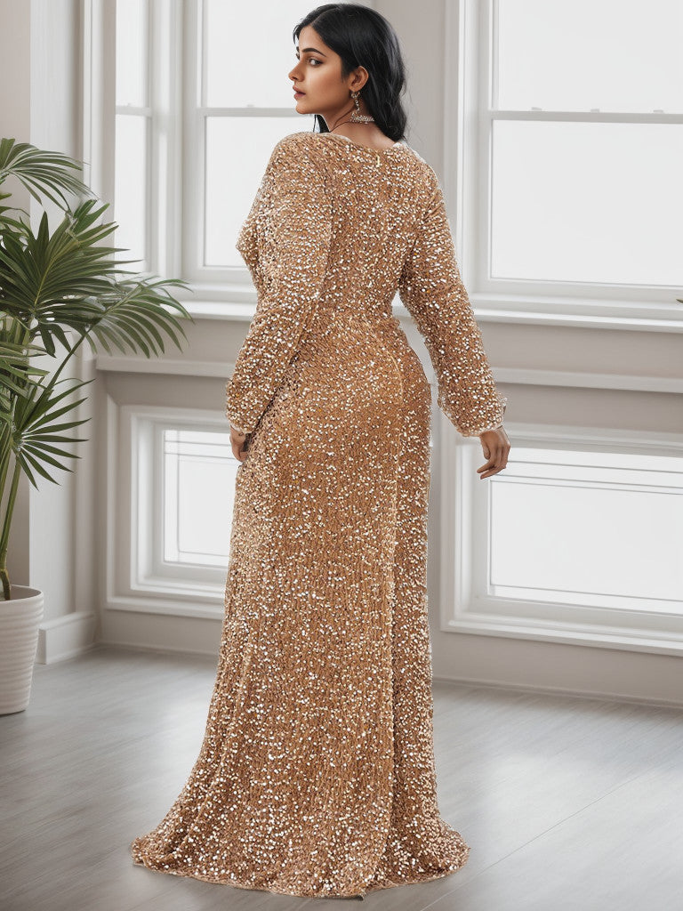 Plus Size Long Sleeve Sequin Front Slit Bodycon Evening Dress