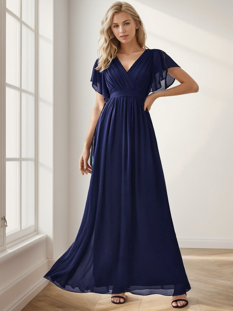 A-Line Pleated Chiffon Tie-Waist Evening Dress