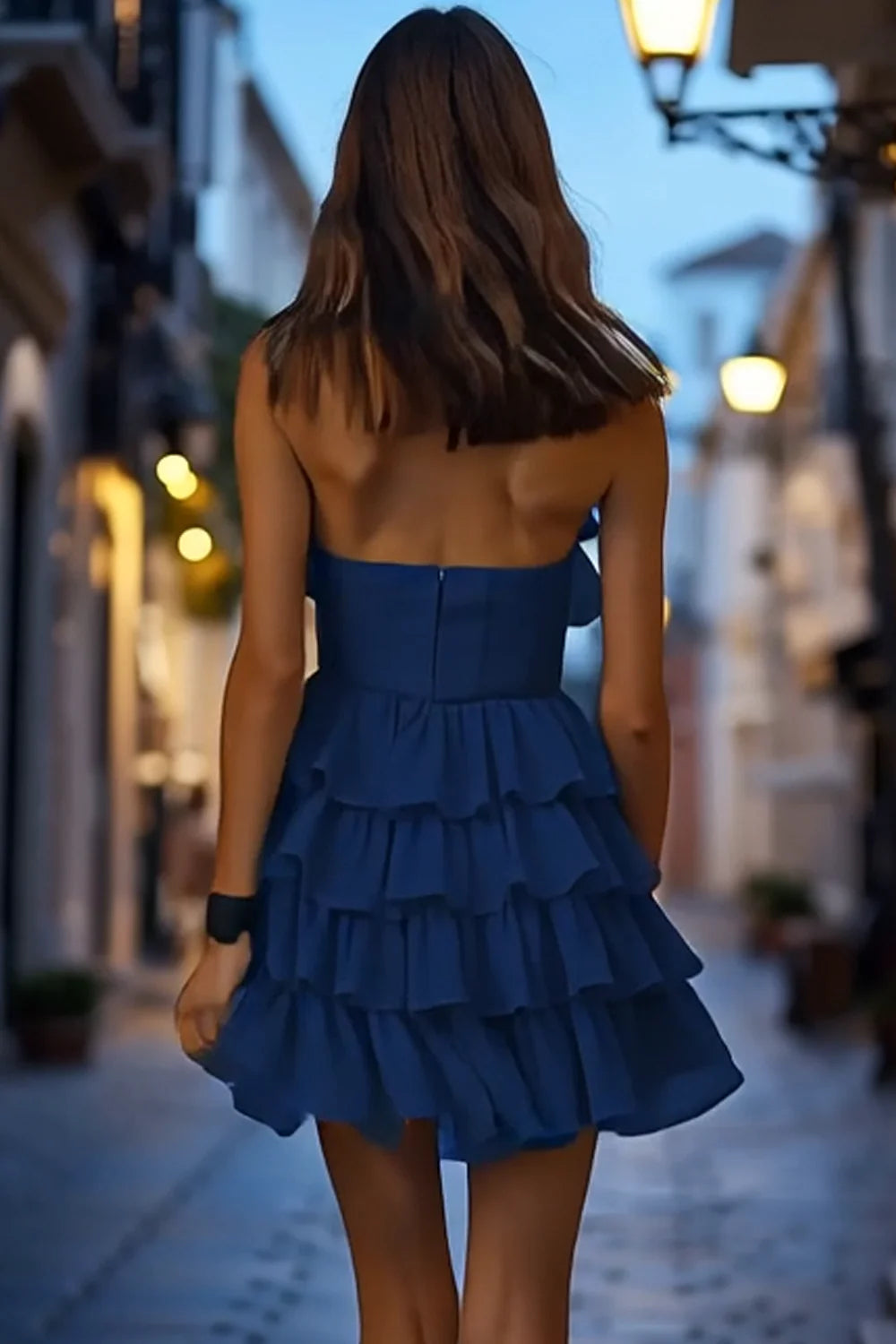 Navy Blue High Neck Halter Tiered Ruffle Flowy Chiffon Open Back A Line Mini Homecoming Dress