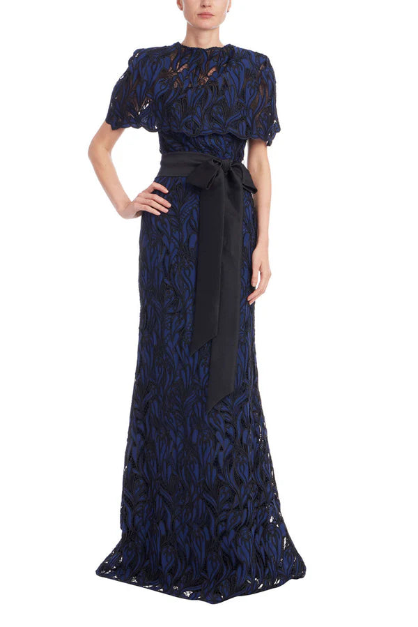 Navy Blue Lace Mermaid Capelet High Neck Sash Waist Back Zipper Floor Length Formal Evening Prom Dress