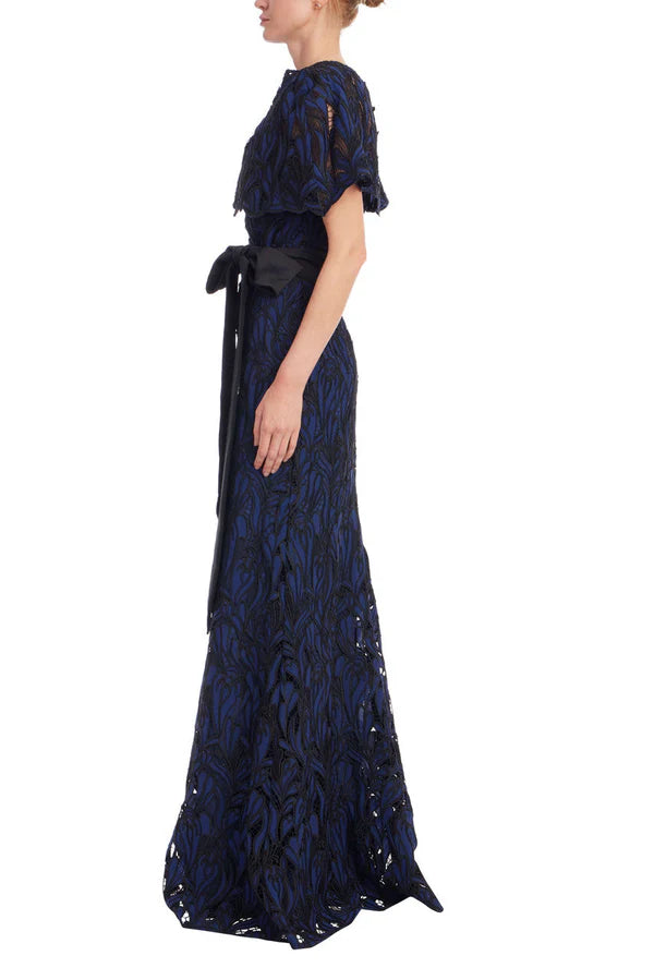 Navy Blue Lace Mermaid Capelet High Neck Sash Waist Back Zipper Floor Length Formal Evening Prom Dress