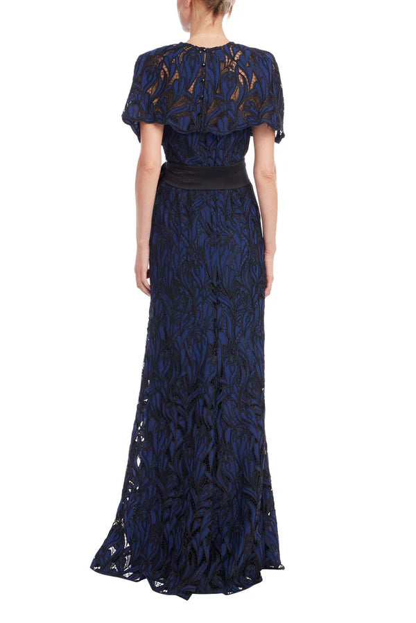 Navy Blue Lace Mermaid Capelet High Neck Sash Waist Back Zipper Floor Length Formal Evening Prom Dress
