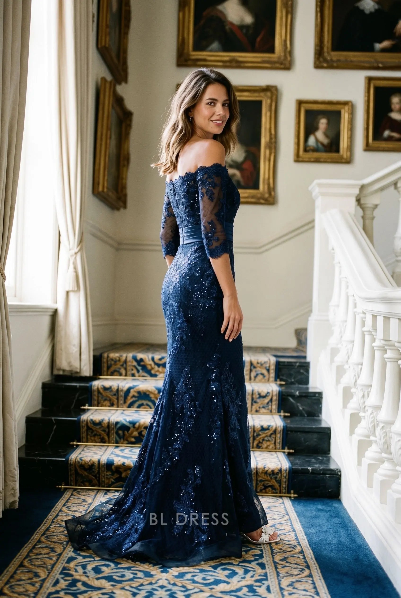 Navy Blue Lace Sequin Off The Shoulder Three Quarter Sleeve Satin Waist Mermaid Train Maxi Prom Dress