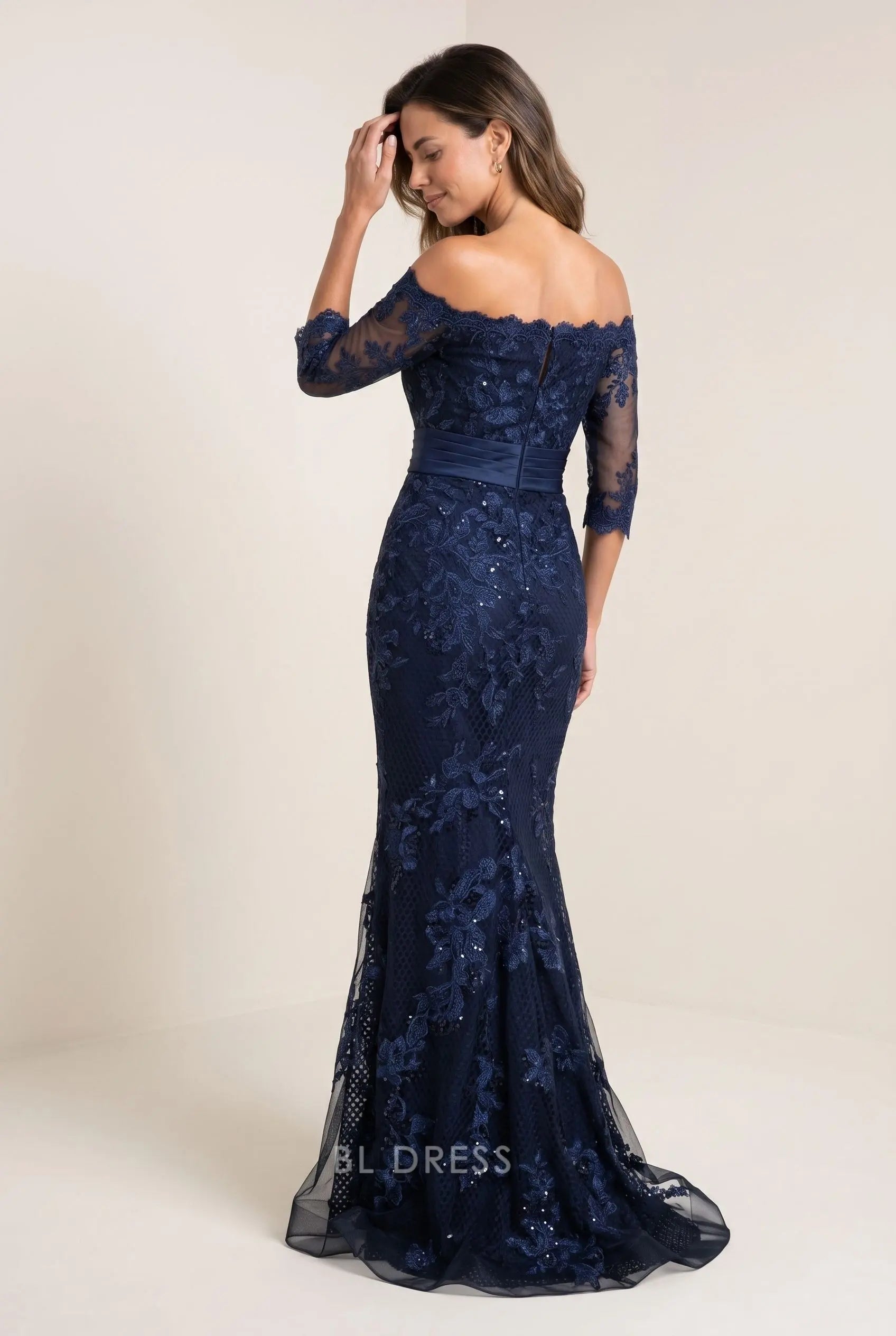 Navy Blue Lace Sequin Off The Shoulder Three Quarter Sleeve Satin Waist Mermaid Train Maxi Prom Dress