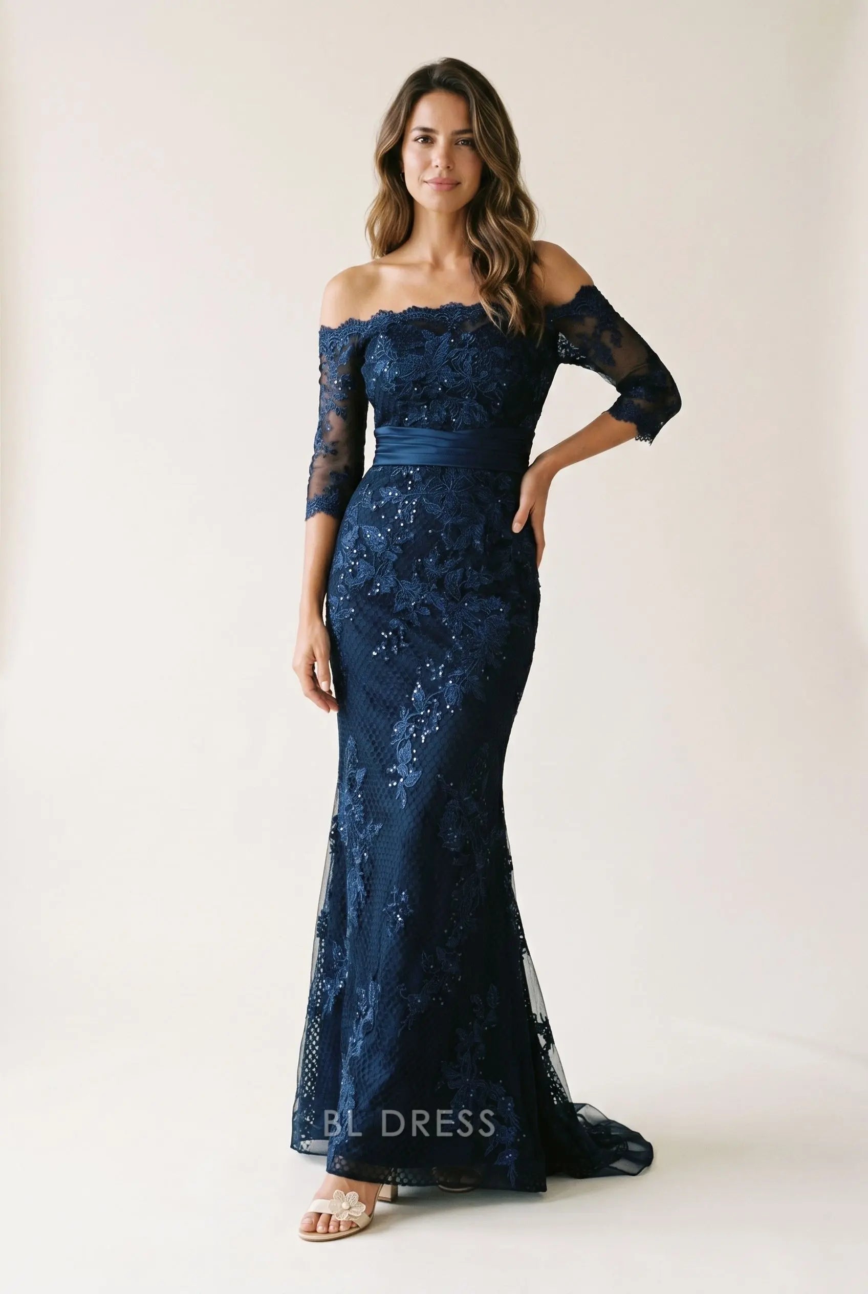 Navy Blue Lace Sequin Off The Shoulder Three Quarter Sleeve Satin Waist Mermaid Train Maxi Prom Dress