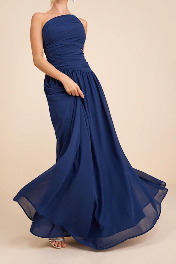 Navy Blue One Shoulder Prom Dress With Ruched Bodice Side Cutout And Chiffon A Line Formal Prom Dress