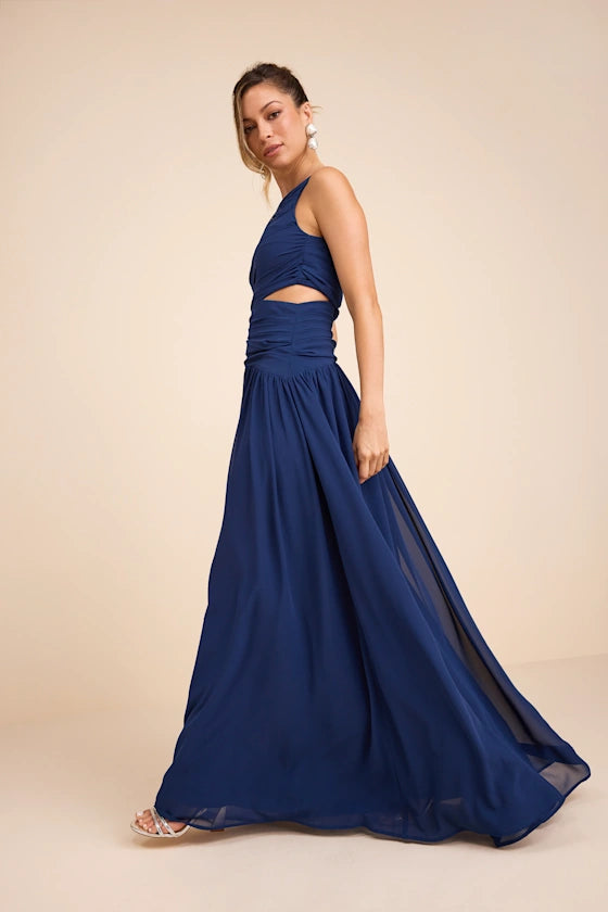 Navy Blue One Shoulder Prom Dress With Ruched Bodice Side Cutout And Chiffon A Line Formal Prom Dress