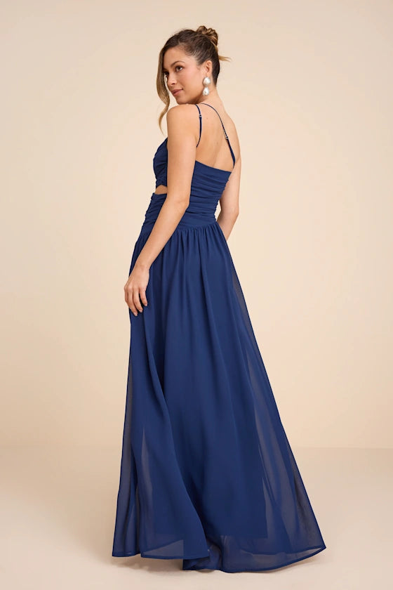 Navy Blue One Shoulder Prom Dress With Ruched Bodice Side Cutout And Chiffon A Line Formal Prom Dress